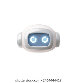 A 3D vector illustration of a chatbot icon, designed as a compact robot head with glowing blue digital eyes, symbolizing advanced artificial intelligence