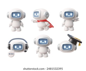 A 3D vector illustration of a chatbot icon set featuring cute robot characters in various roles such as a superhero, student, and DJ. These chatbot icons are designed with expressive digital eyes