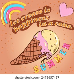 3D vector illustration with a chocolate ice cream cone and a phrase about summer. Can be used both for advertising purposes and for summer themed decoration.