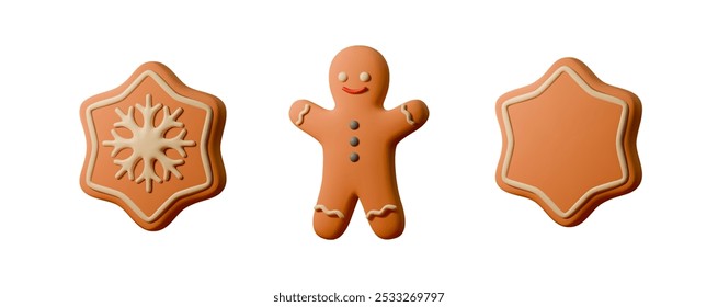 3D vector illustration of Christmas cookies, including a gingerbread man and cookies in the shape of a snowflake and a star. Perfect for holiday design, Christmas cards, packaging, or decor