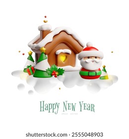 3d vector illustration of Christmas poster with Santa Claus figure, gingerbread house and pine trees on white isolated background. Happy New Year. Greeting card, flyer. Place for text. Cartoon style.