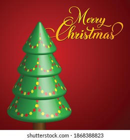 3D Vector Illustration of Christmas Tree Decorated with light bulb chain isolated on Red background with Merry Christmas wishes, also Suitable for greetings of Happy New Year Celebration.