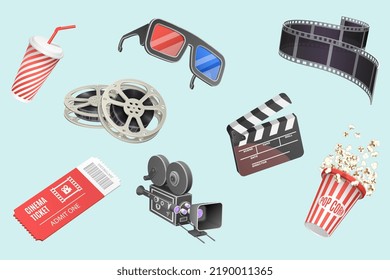 3D Vector Illustration of Cinema Element Set, Realistic Movie Icons