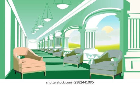 3D-Vektorgrafik von klassischen Stühlen auf Balkonterrasse Vintage House Interieur mit Dach Hängelampe auf grünem Hintergrund Naturthema