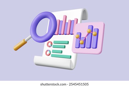 Ilustração vetorial 3d da lista de verificação da Área de Transferência com ampliação e painel e gráfico de relatório de negócios, auditoria financeira de negócios, relatório de pesquisa financeira, otimização de SEO. Conceito de análise de dados