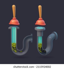  3d vector illustration of clogged pipe with plunger. Stylized cartoon style.
