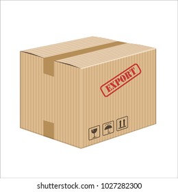 3d vector illustration of a closed cardboard with adhesive, with on one side several symbols of packaging and a stamp of the word EXPORT.