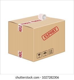 3D vector illustration of a closed cardboard with printed adhesive of word FRAGILE and with on one side several symbols of packing and a stamp of the word EXPORT.