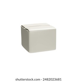 Ilustración vectorial 3D con caja blanca cerrada para transporte, entrega de correo y almacenamiento. El icono de la caja de cartón se resalta sobre un fondo blanco.