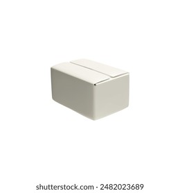 3D vector illustration with a closed white rectangular box for transportation, mail and storage. The cardboard box icon is highlighted on a white background.