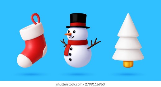 3d vector illustration collection of Christmas elements. Red sock, snowman with hat and white fir tree represent holiday decoration. Festive winter objects for seasonal graphic design.