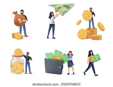 3D, сdibujos animados, colección de Ilustración vectorial. Diferentes personajes de personas exitosas que ganan dinero. Negocios y finanzas, tema de ahorro de dinero. Carrera, salario, ganancias y ganancias