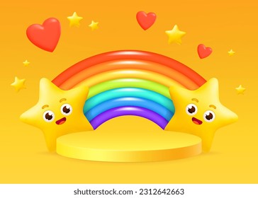 3D vector illustration of a colorful cartoon stars with a rainbow with cylinder pedestal on the yellow background with heart. Perfect for product showcases, posters, mockups for children's designs.