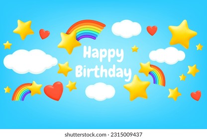 3D vector illustration of a colorful happy birthday banner with cute cartoon elements such as clouds, hearts, stars, and a rainbow on a pastel blue background. Perfect for birthday invitations, cards.