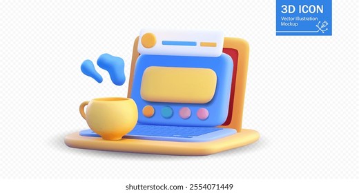 A 3D vector illustration of a colorful laptop with a steaming coffee cup beside it. The vibrant design showcases a playful digital interface. Ideal for creative workspace, productivity, or tech concep