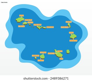 3d vector illustration of a colorful touristic map of Cabo Verde islands shape 