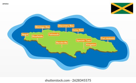 3d vector illustration of a colorful touristic map of Jamaica country shape
