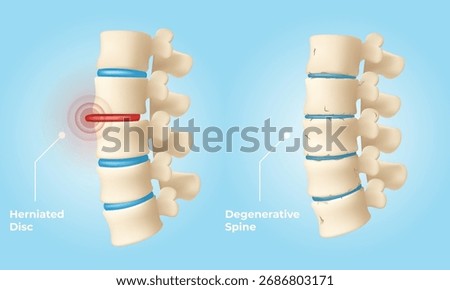 3D vector illustration comparing herniated disc and degenerative spine. Ideal for healthcare education, orthopedic infographics, and back pain supplement or treatment advertisements.