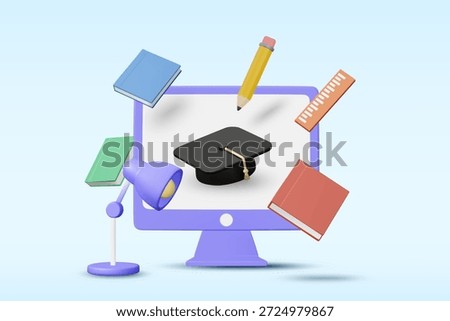 3D vector illustration of computer with graduation cap, books and pencil. Concept for online education and e-learning school. Student study background template.