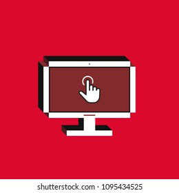 3d vector illustration of computer. Isometric flat design. Desktop monitor screen with finger tap icon on red background. Concept of touchscreen interface or guide.