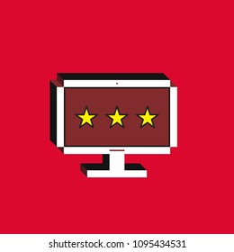 3d vector illustration of computer. Isometric flat design. Desktop monitor screen with yellow stars icons on red background. Concept of user feedback or service evaluation.
