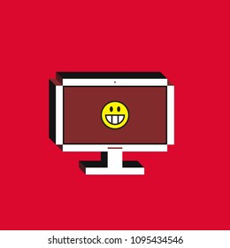 3d vector illustration of computer. Isometric flat design. Desktop monitor screen with grinning face emoji icon on red background. Concept of comic post, message or comment.