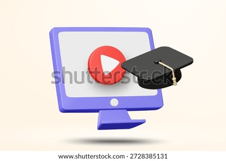 3D vector illustration of computer screen with video play button and graduation cap. Concept for online education success and e-learning course completion. Student graduate background template.