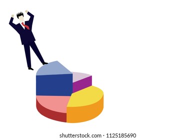 3D Vector Illustration Concept Art / Icon of A Business man Fell Down from The Top of 3D Pie Chart, Isolated on White Background with Copy Space for Text.