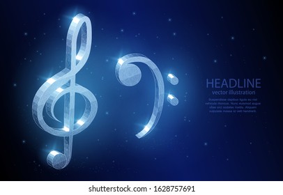 3d vector illustration of the concept of treble and bass clefs, on a dark blue background, a symbol of music, musical notation, and creativity in music.