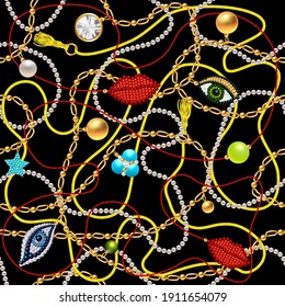 Ilustración vectorial 3d con cordones, joyas, cadenas, colchas y cristales. Ilustración vectorial sin inconvenientes. 