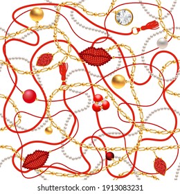 Ilustración vectorial 3d con cordones, joyas, cadenas, colchas y cristales. Ilustración vectorial sin inconvenientes. 