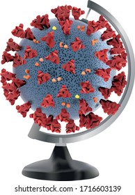 3D-Vektorillustration-Illustration des COVID-19-Virus der Coronavirus-Krankheit, das in eine Weltkugel eingeführt wurde. Virale Zelle des pathogenen Atemwegserkrankungsvirus.