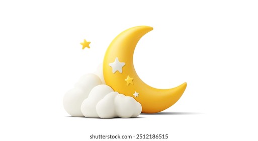 Ilustração vetorial 3D de uma lua crescente cercada por nuvens e estrelas em tons suaves de amarelo e branco. Banner Ramadan Kareem, cabeçalho do modelo para o site.