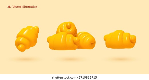 Ilustración vectorial 3D de croissants en estilo liso brillante. Para menús de panadería y App de comida. Gráficos profesionales minimalistas.