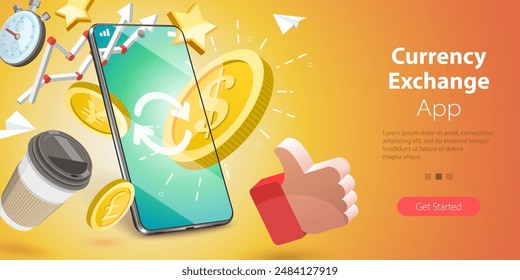 3D Vector Illustration of Currenccy Exchange App, Money Conversion