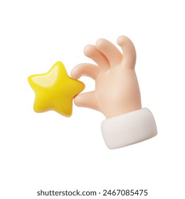 3D vector illustration of customer satisfaction gold star with a hand icon, representing user reviews and their rating, emphasize the superiority of the service.