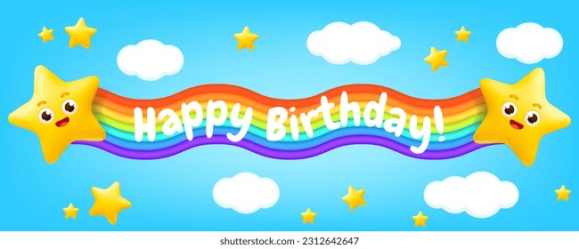 3D vector illustration of a cute cartoon rainbow frame flying through a pastel blue sky with stars, clouds. Rainbow flag. Perfect for children's designs, birthday banners, and party invitations. 