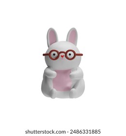 3D vector illustration of a cute white rabbit in round glasses isolated on a white background. Perfect for decorating a game day or Easter festival.