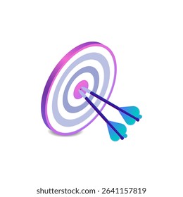 3D vector illustration of a darts game with a target dartboard and darts hitting the center. Classic sports and entertainment concept. Isolated on white background.