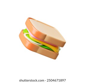 Ilustración vectorial en 3D de un delicioso sándwich fresco con queso, tomate, lechuga y cebolla en pan de trigo fresco aislado sobre un fondo blanco.