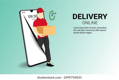 3d Vector illustration. Delivery courier man holding Parcel Box coming out of the mobile screen. Fast delivery, Online order, cardboard package box, online shopping, Online transport, delivery service