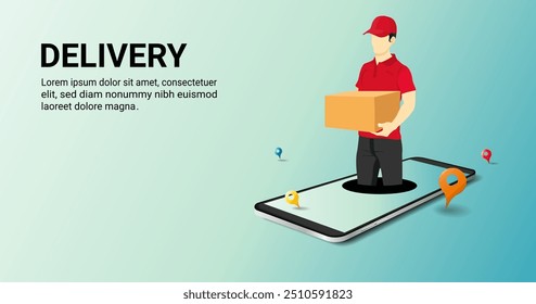 3d Vector illustration. Delivery courier man holding Parcel Box coming out of the mobile screen. Fast delivery, Online order, cardboard package box, online shopping, Online transport, delivery service