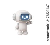 3D vector illustration depicting a friendly robot character raising his hand to say hello. A cute artificial intelligence mascot, perfect for the user interface.