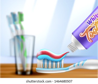3d vector illustration depicting tooth brushing process. Realistic image of dental items. Toothpaste is being applied to a toothbrush. Dental care and treatment design concept.