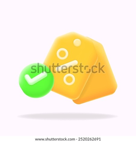 3d vector illustration discount tag icon with percent symbol and check mark, ideal for promotions, sales, and special offers in apps or websites