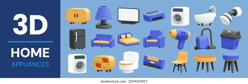 3D vector illustration displays a collection of home appliance icons, including a washing machine, refrigerator, vacuum, television, lamp, and toilet, perfect for interior design and home decor