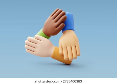 3D Vector illustration Diverse hands holding each other in a circle, Represents teamwork, Unity, Support, Diversity, Community, Partnership, Trust and Cooperation concept. Eps 10 Vector.