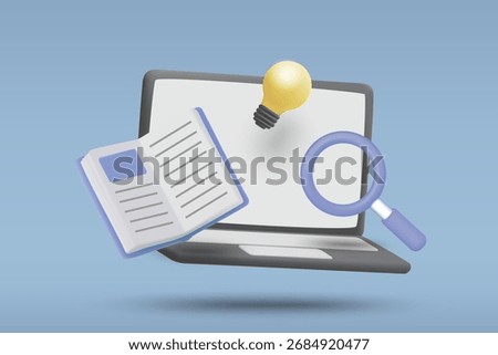 3D vector illustration of an education concept rendering of a laptop with books, magnifying glass, and light bulb, symbolizing research, invention, and creative learning.