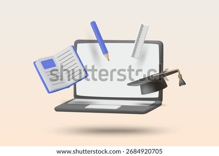 3D vector illustration of an education-themed render showing a laptop with pencils, notebooks, and a graduation cap, symbolizing online learning, knowledge, and academic achievement.
