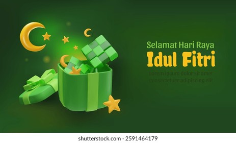 3D vector illustration of an Eid al-Fitr celebration scene. Features an open green gift box filled with ketupat. Ramadan and Eid Mubarak. "Selamat Hari Raya Idul Fitri" translates to "Happy Eid al-Fit